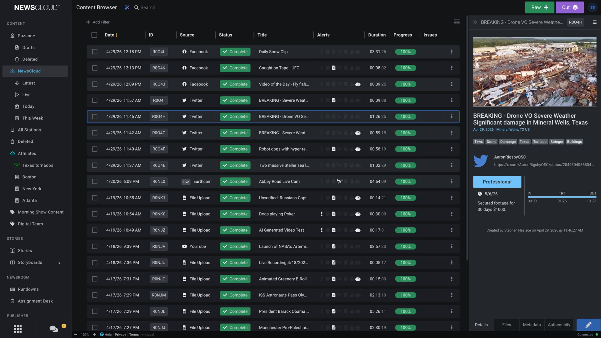 NewsCloud content browser showing ingested assets, timeline, and live channels